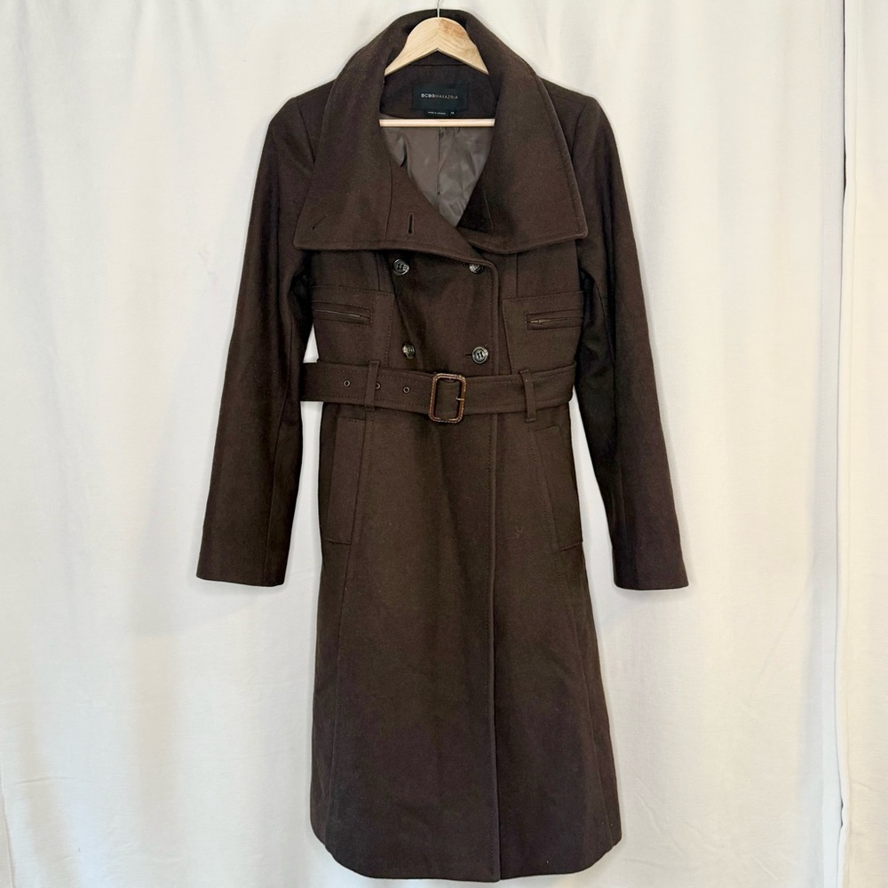 BCBGMaxAzria | XS | Double-Breasted High-Neck Belted Chocolate Wool Trench Coat